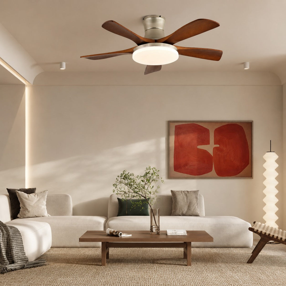 Nickel or Bronze & Walnut Wood Blade Ceiling Fan with LED Light 106 or 132 cm