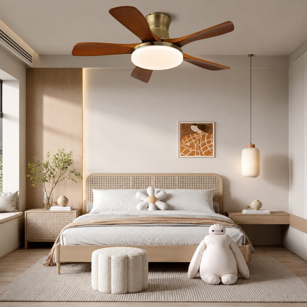 Nickel or Bronze & Walnut Wood Blade Ceiling Fan with LED Light 106 or 132 cm