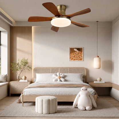 Nickel or Bronze & Walnut Wood Blade Ceiling Fan with LED Light 106 or 132 cm