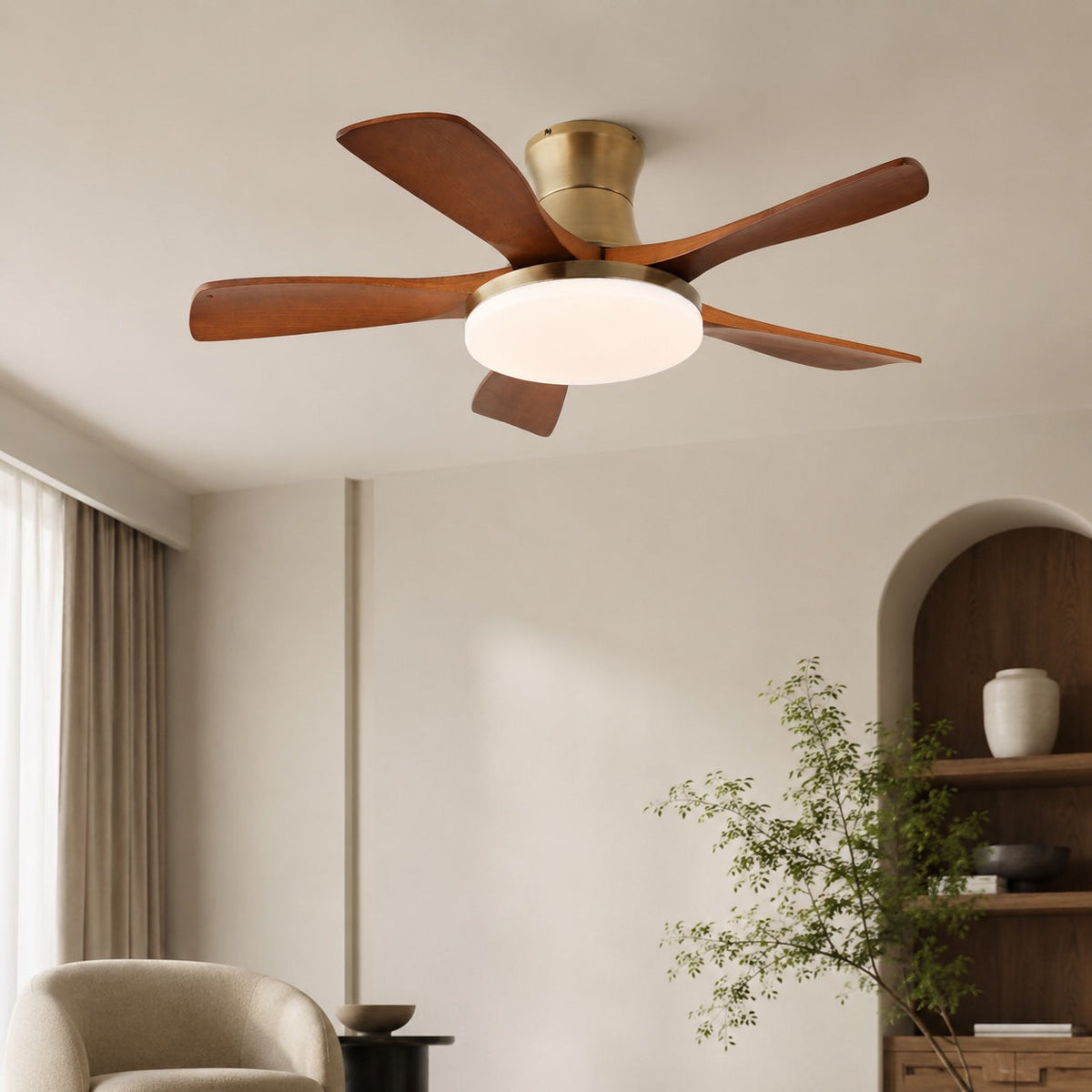 Nickel or Bronze & Walnut Wood Blade Ceiling Fan with LED Light 106 or 132 cm