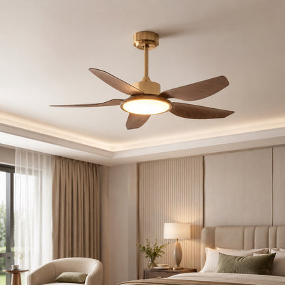 Walnut-Style Five Blade DC Ceiling Fan with Brushed Brass LED Disc 107 or 122 cm