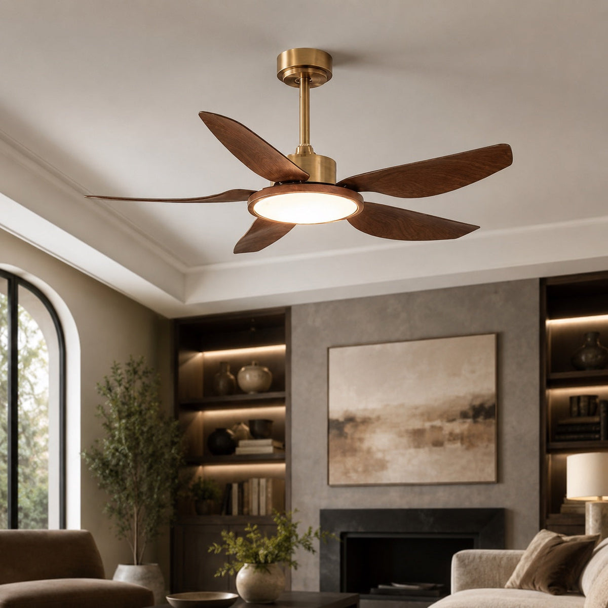 Walnut-Style Five Blade DC Ceiling Fan with Brushed Brass LED Disc 107 or 122 cm