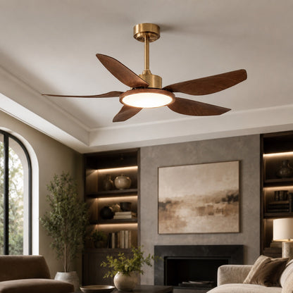 Walnut-Style Five Blade DC Ceiling Fan with Brushed Brass LED Disc 107 or 122 cm