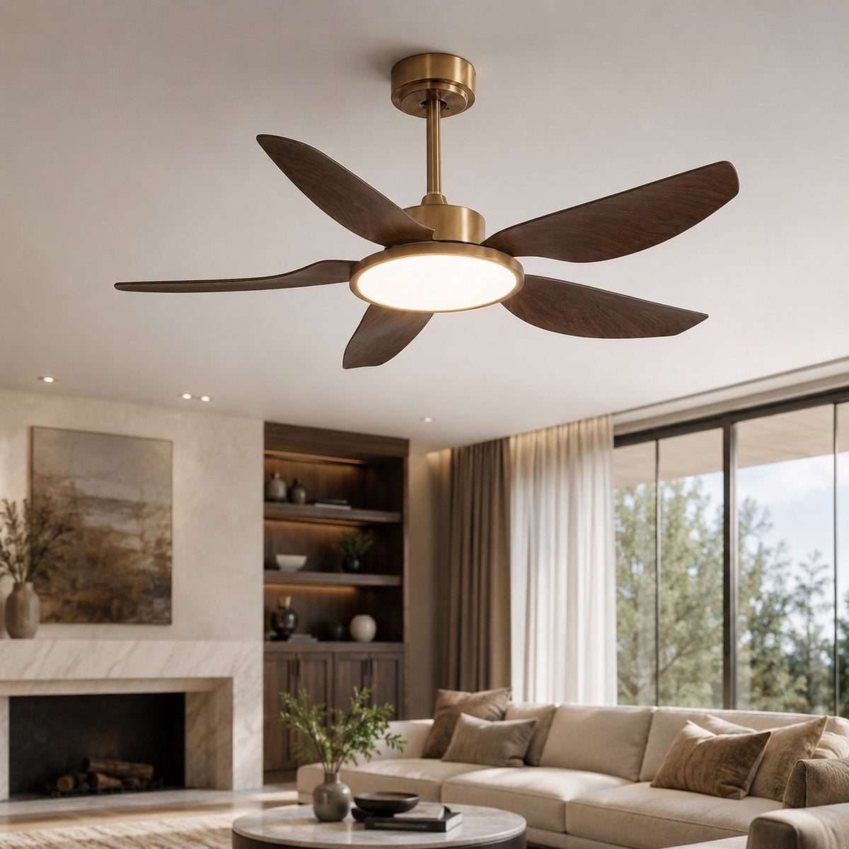 Walnut-Style Five Blade DC Ceiling Fan with Brushed Brass LED Disc 107 or 122 cm
