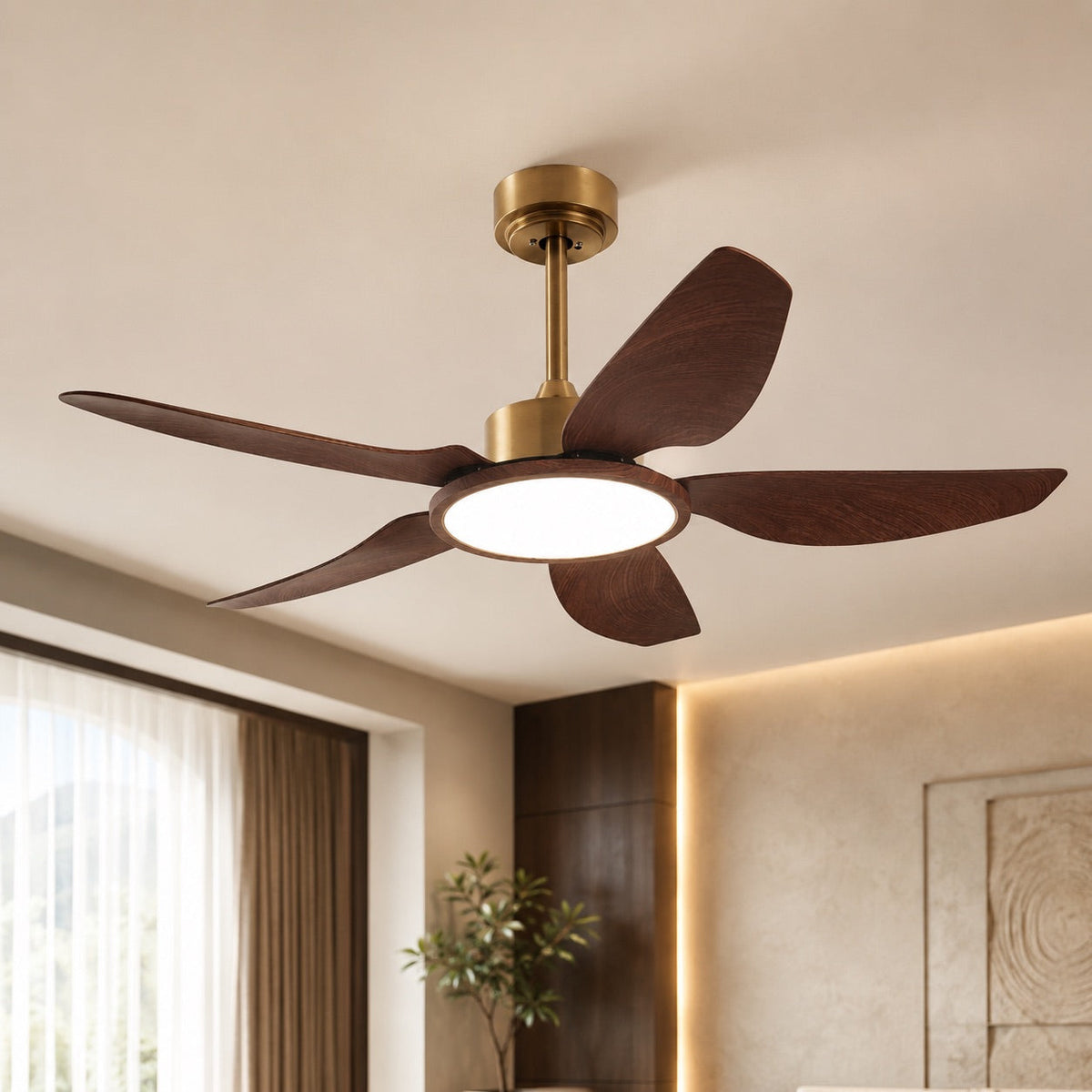 Walnut-Style Five Blade DC Ceiling Fan with Brushed Brass LED Disc 107 or 122 cm