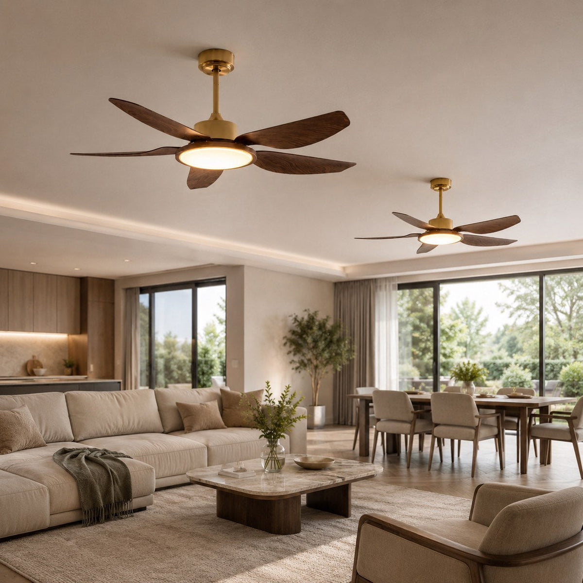 Walnut-Style Five Blade DC Ceiling Fan with Brushed Brass LED Disc 107 or 122 cm