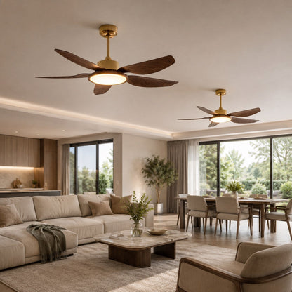 Walnut-Style Five Blade DC Ceiling Fan with Brushed Brass LED Disc 107 or 122 cm