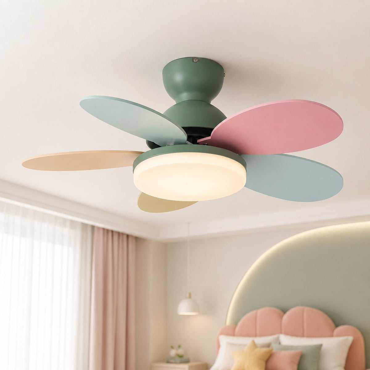 Petal Blade DC Ceiling Fan with LED Light Wood Grain or Colourful 90 or 100 cm