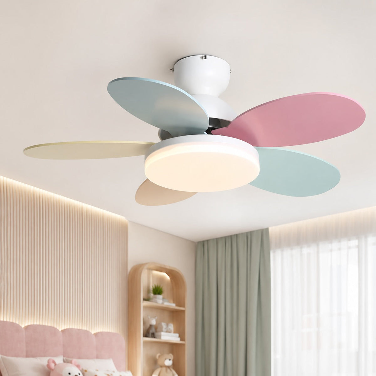 Petal Blade DC Ceiling Fan with LED Light Wood Grain or Colourful 90 or 100 cm