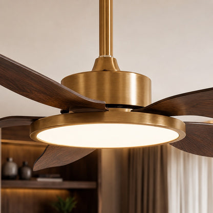 Walnut-Style Five Blade DC Ceiling Fan with Brushed Brass LED Disc 107 or 122 cm