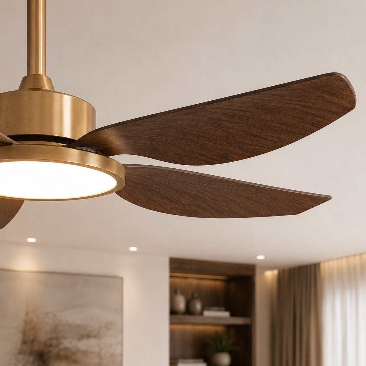 Walnut-Style Five Blade DC Ceiling Fan with Brushed Brass LED Disc 107 or 122 cm