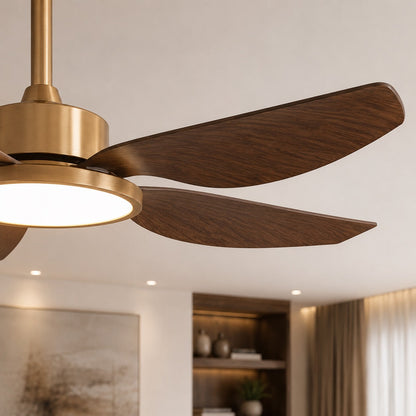 Walnut-Style Five Blade DC Ceiling Fan with Brushed Brass LED Disc 107 or 122 cm