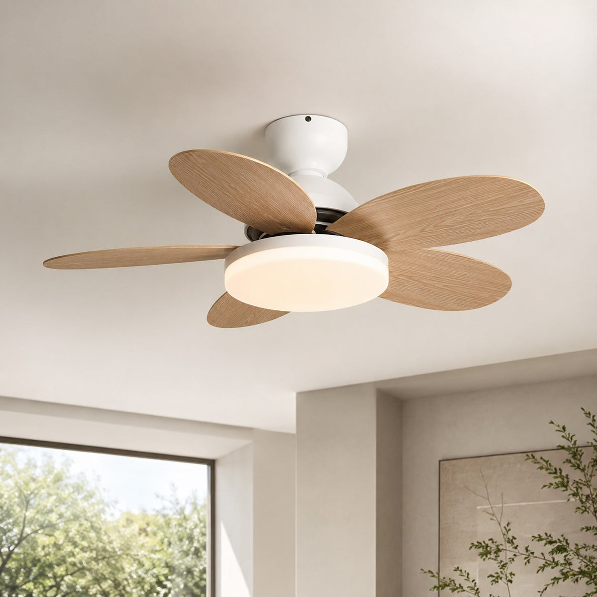 Petal Blade DC Ceiling Fan with LED Light Wood Grain or Colourful 90 or 100 cm