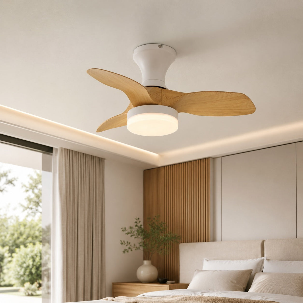 Arched Oak Blade Flush Mount Ceiling Fan with Tri-Colour LED and DC Motor