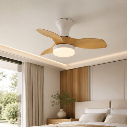 Arched Oak Blade Flush Mount Ceiling Fan with Tri-Colour LED and DC Motor