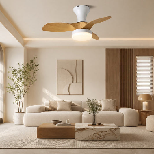 Arched Oak Blade Flush Mount Ceiling Fan with Tri-Colour LED and DC Motor