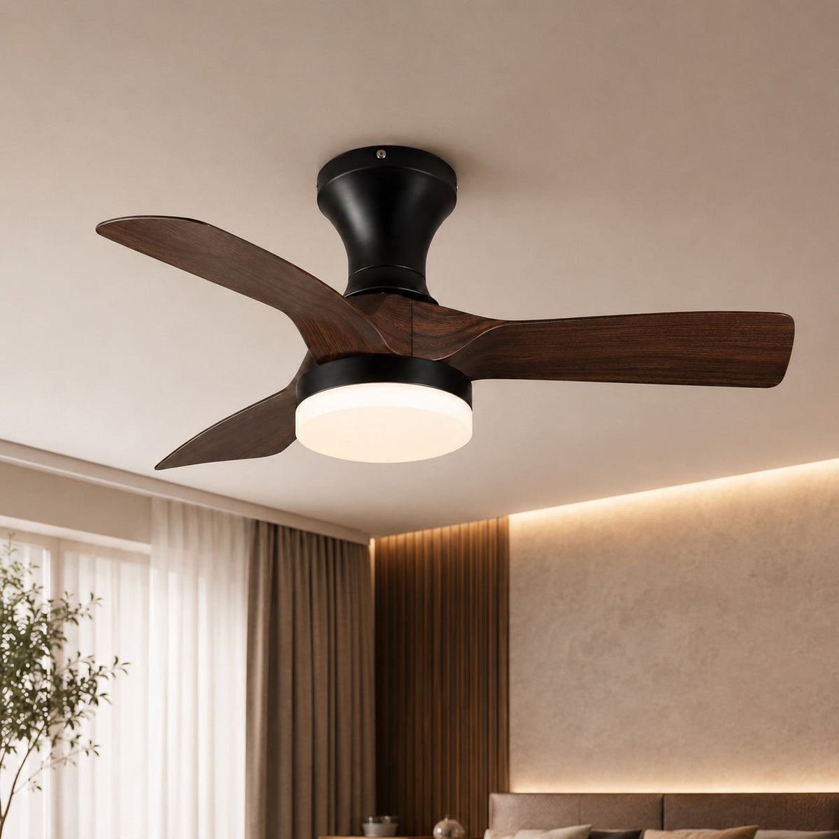 Arched Oak Blade Flush Mount Ceiling Fan with Tri-Colour LED and DC Motor