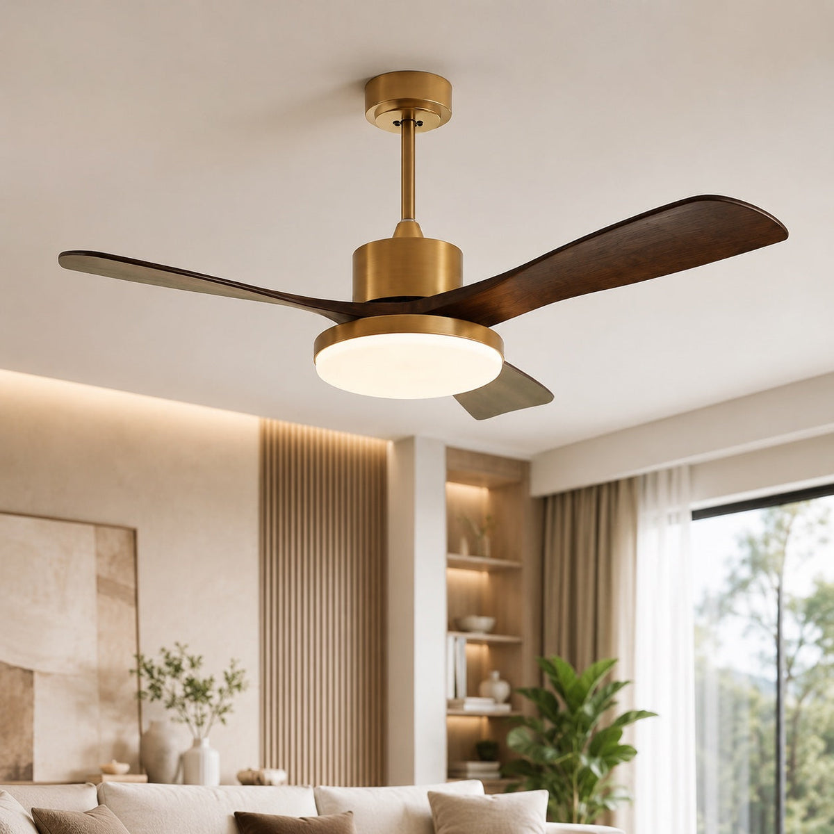 Brushed Brass & Walnut Blade Ceiling Fan with LED Light 6 Speed 91 to 132 cm