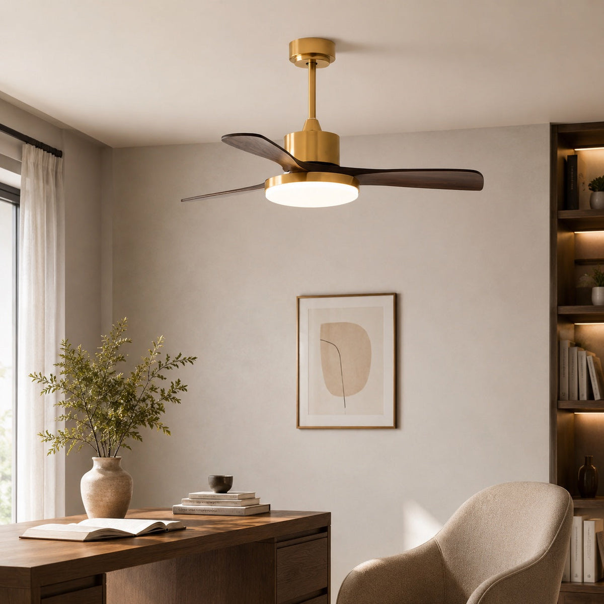 Brushed Brass & Walnut Blade Ceiling Fan with LED Light 6 Speed 91 to 132 cm