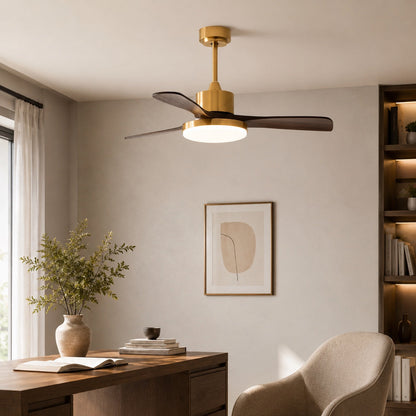 Brushed Brass & Walnut Blade Ceiling Fan with LED Light 6 Speed 91 to 132 cm