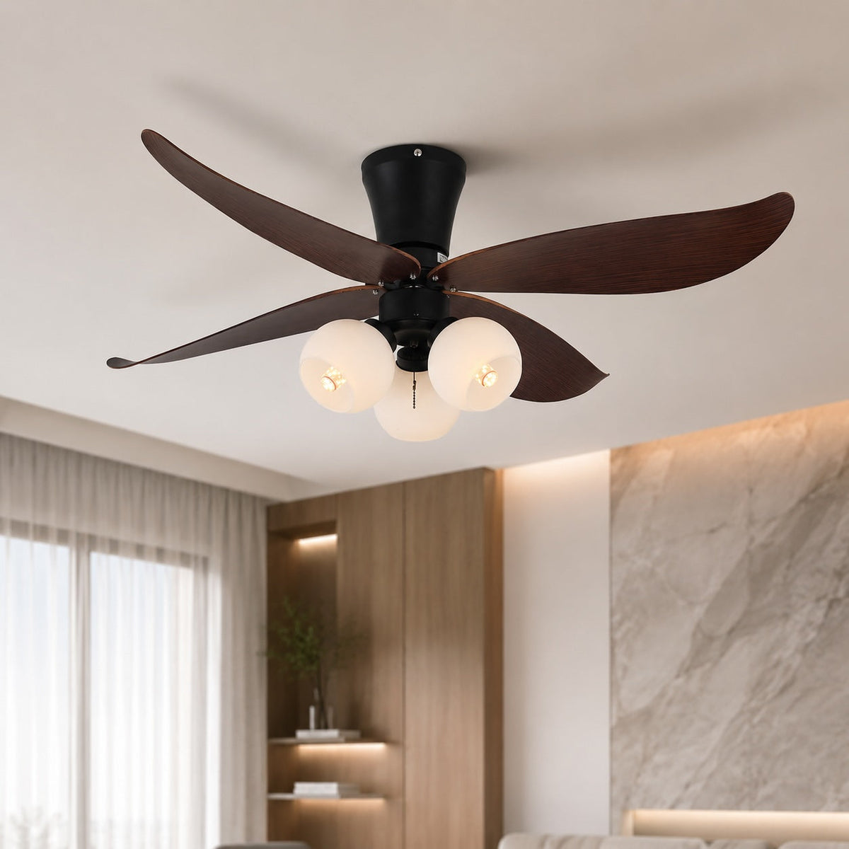 Petal Blade Walnut Ceiling Fan with Glass Globe Lights E27 6-Speed Remote