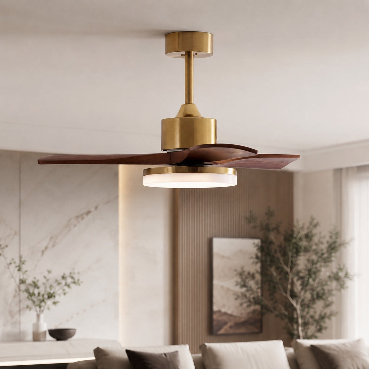 Brushed Brass & Walnut Blade Ceiling Fan with LED Light 6 Speed 91 to 132 cm