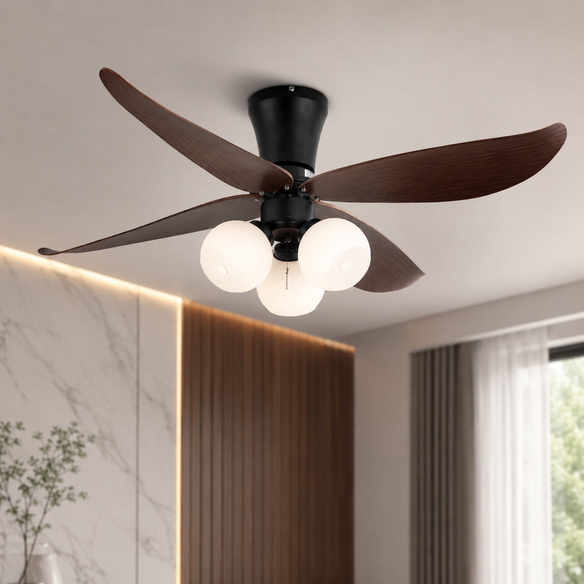 Petal Blade Walnut Ceiling Fan with Glass Globe Lights E27 6-Speed Remote