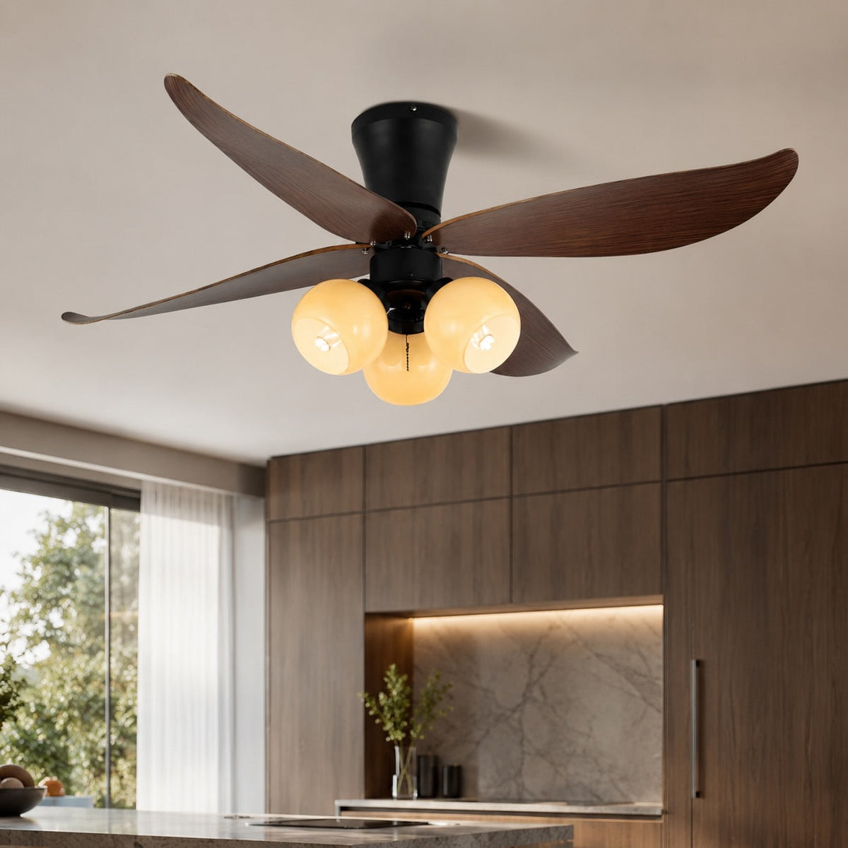 Petal Blade Walnut Ceiling Fan with Glass Globe Lights E27 6-Speed Remote