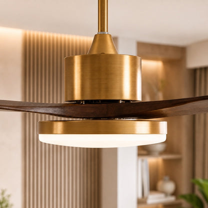 Brushed Brass & Walnut Blade Ceiling Fan with LED Light 6 Speed 91 to 132 cm