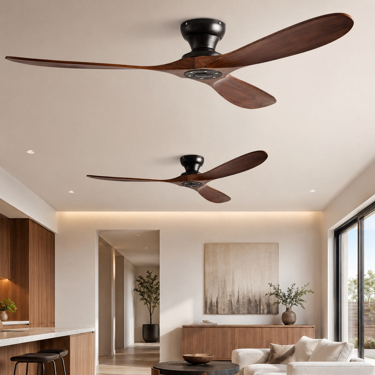Low Profile Wood Blade DC Ceiling Fan 6 Speed Remote Control 106 to 178 cm