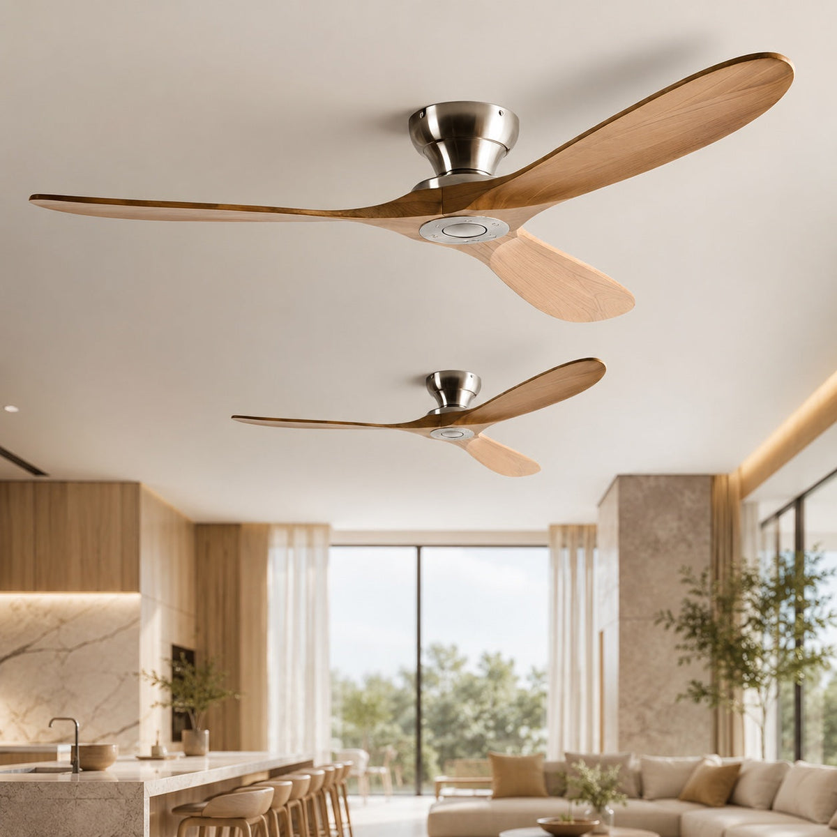 Low Profile Wood Blade DC Ceiling Fan 6 Speed Remote Control 106 to 178 cm