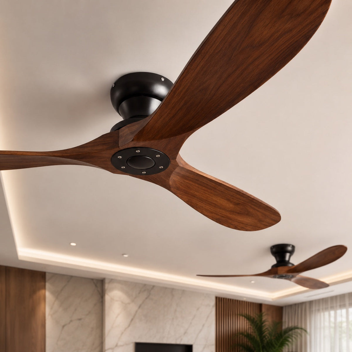 Low Profile Wood Blade DC Ceiling Fan 6 Speed Remote Control 106 to 178 cm