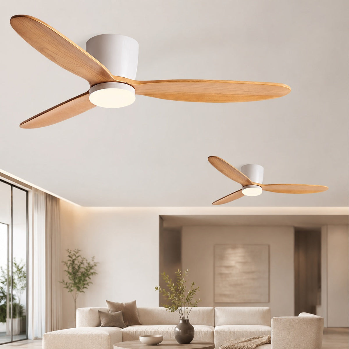 Wood Grain Blade DC Ceiling Fan with 28W LED Light Tri-Colour 91 to 132 cm
