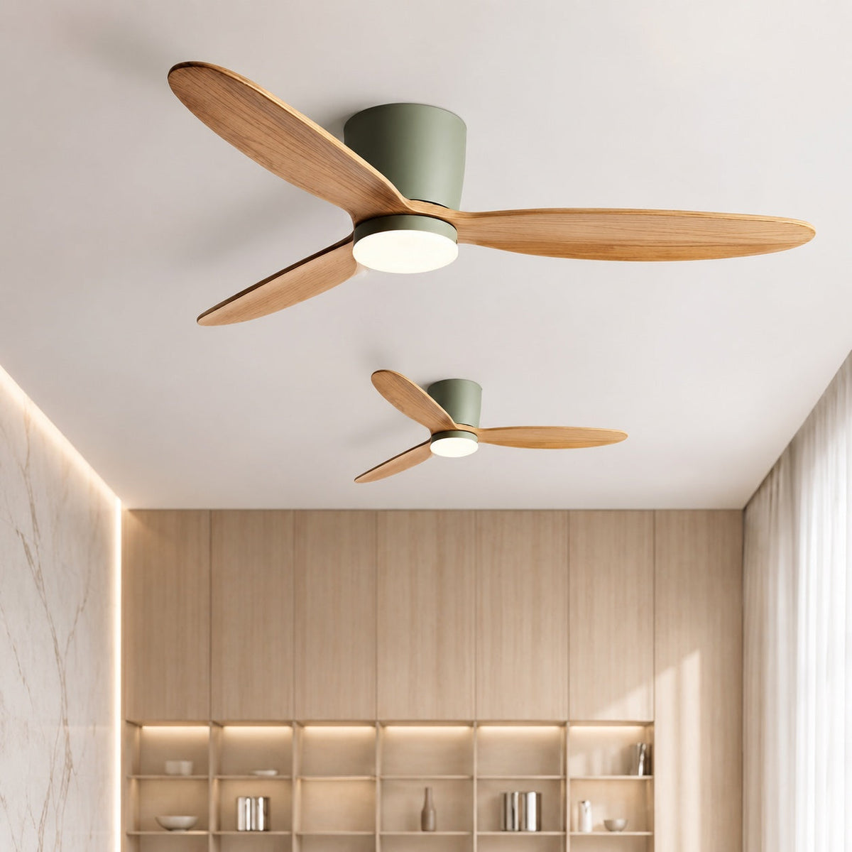 Wood Grain Blade DC Ceiling Fan with 28W LED Light Tri-Colour 91 to 132 cm