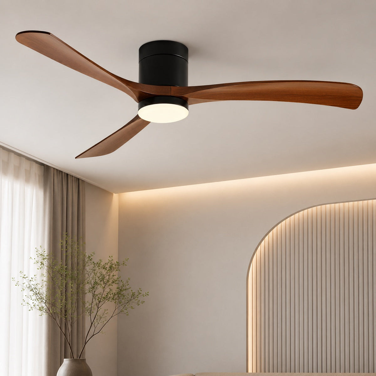 Tri-Colour LED Flush Mount DC Ceiling Fan with Light 2400 Lumens 96 to 142 cm