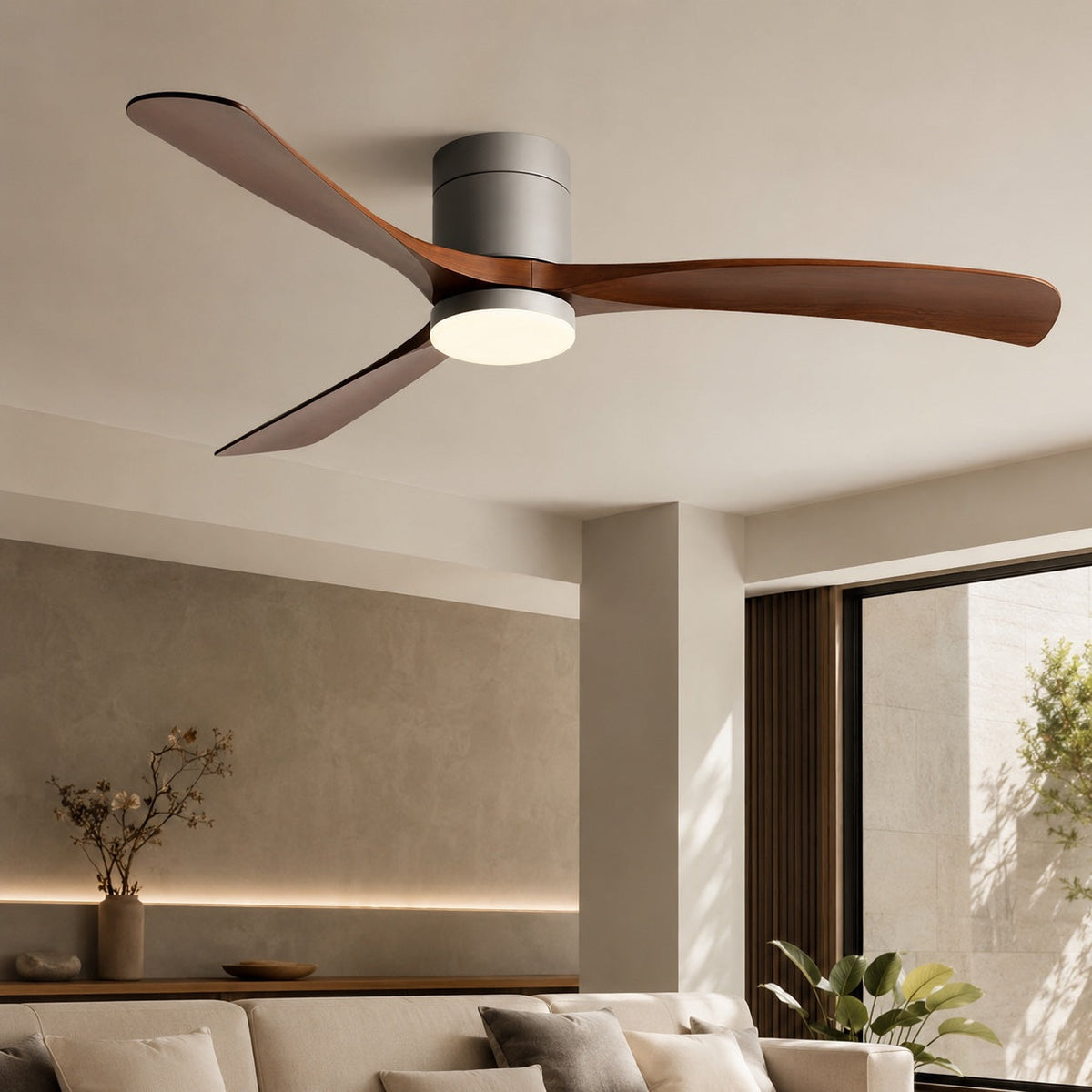 Tri-Colour LED Flush Mount DC Ceiling Fan with Light 2400 Lumens 96 to 142 cm