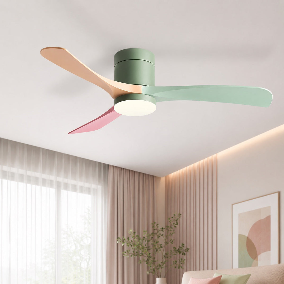 Tri-Colour LED Flush Mount DC Ceiling Fan with Light 2400 Lumens 96 to 142 cm