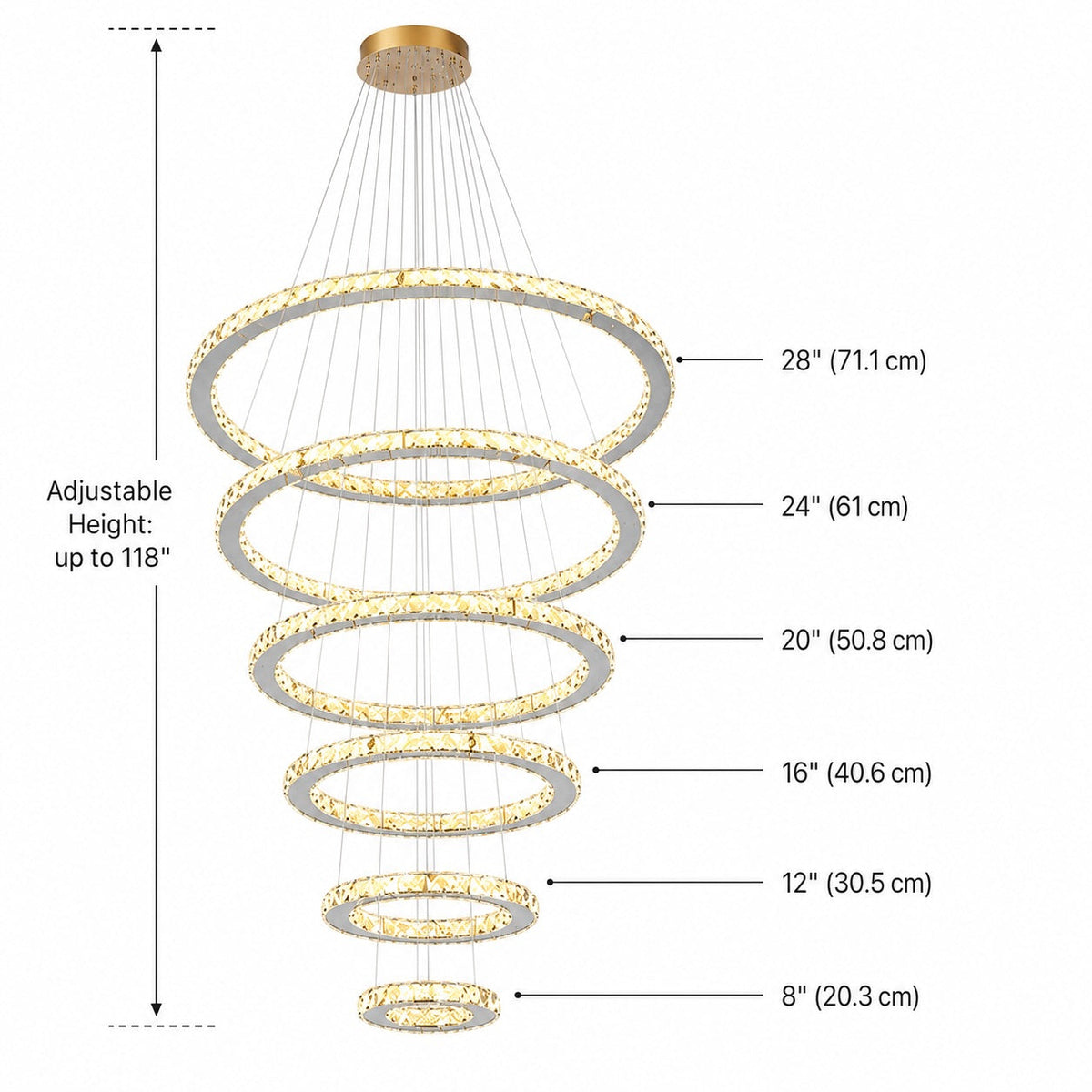 Crystal Multi-Ring Chandelier Adjustable LED Round