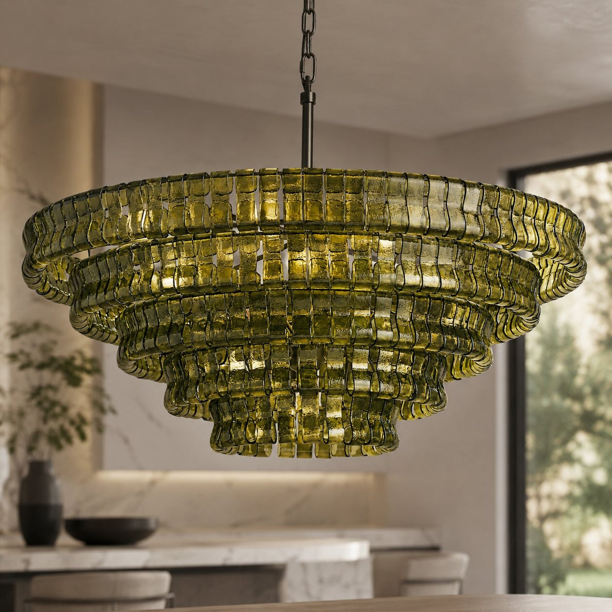 Round Textured Glass Steel Chandelier 6-Light LED