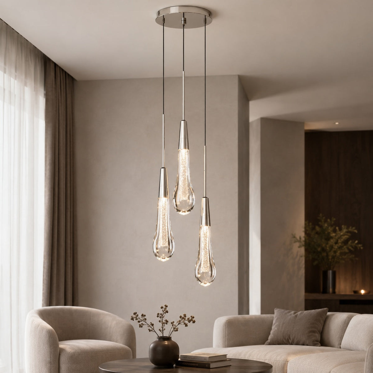 Seeded Glass 3-Light Pendant Steel LED Kitchen Island