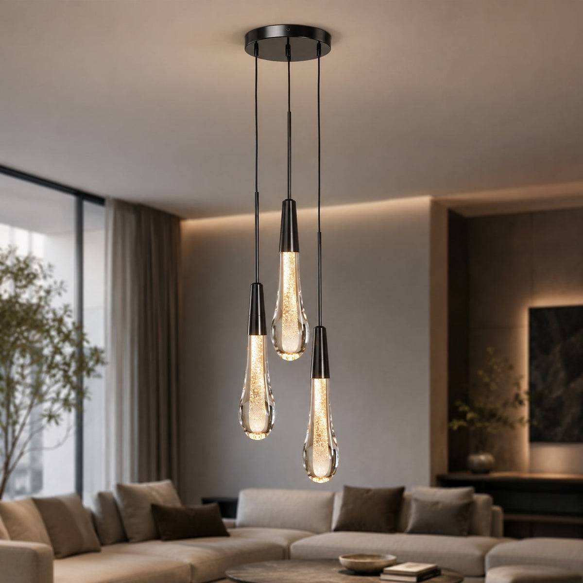 Seeded Glass 3-Light Pendant Steel LED Kitchen Island