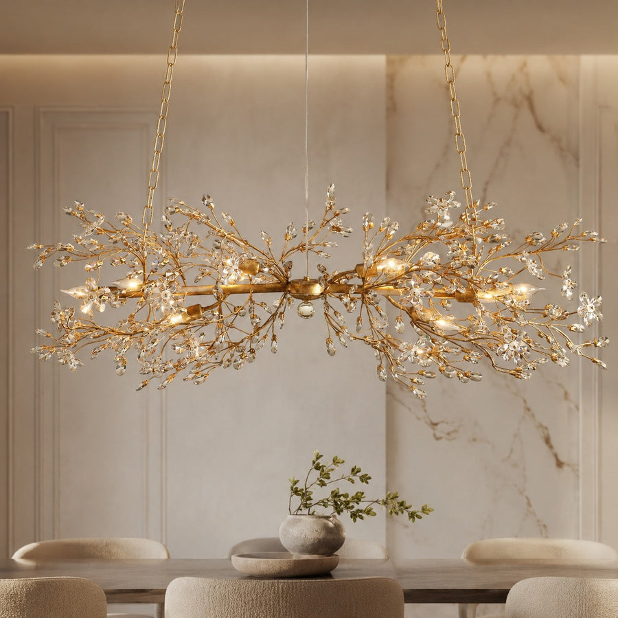 Fiore Linear Chandelier Crystal Flower Brass 8 or 10 Light