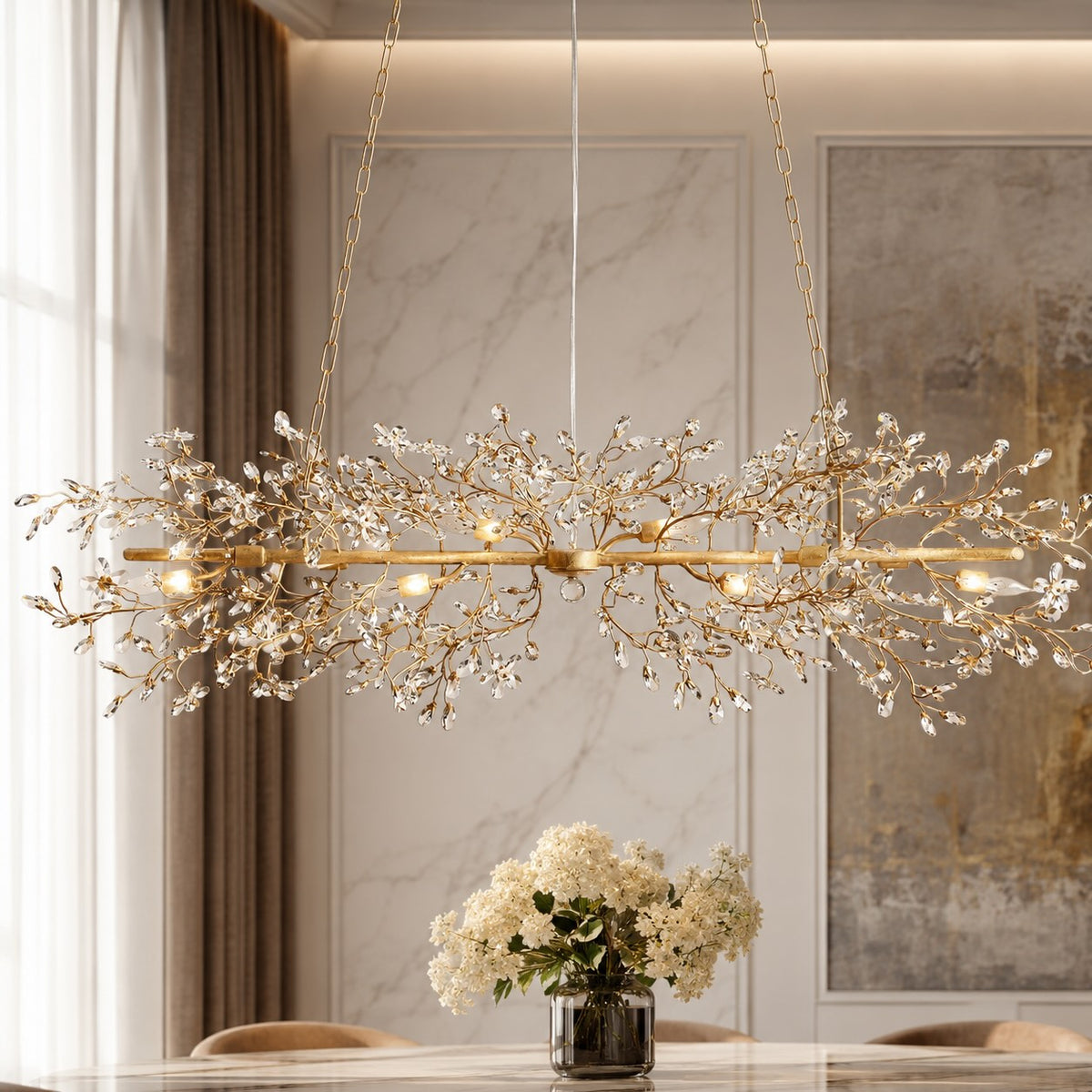 Fiore Linear Chandelier Crystal Flower Brass 8 or 10 Light