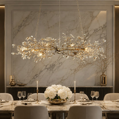 Fiore Linear Chandelier Crystal Flower Brass 8 or 10 Light