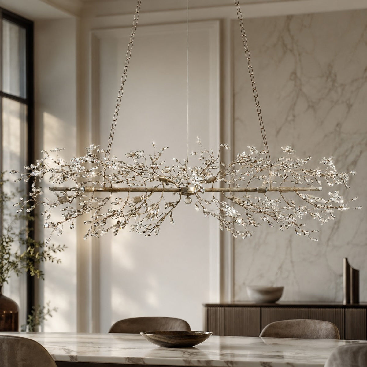 Fiore Linear Chandelier Crystal Flower Brass 8 or 10 Light