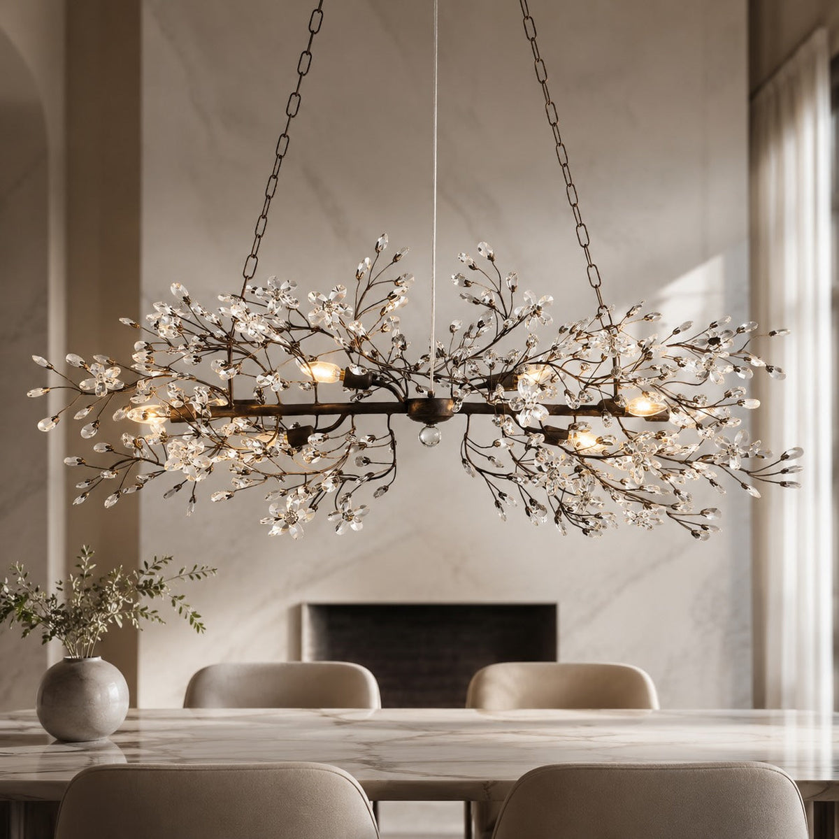 Fiore Linear Chandelier Crystal Flower Brass 8 or 10 Light