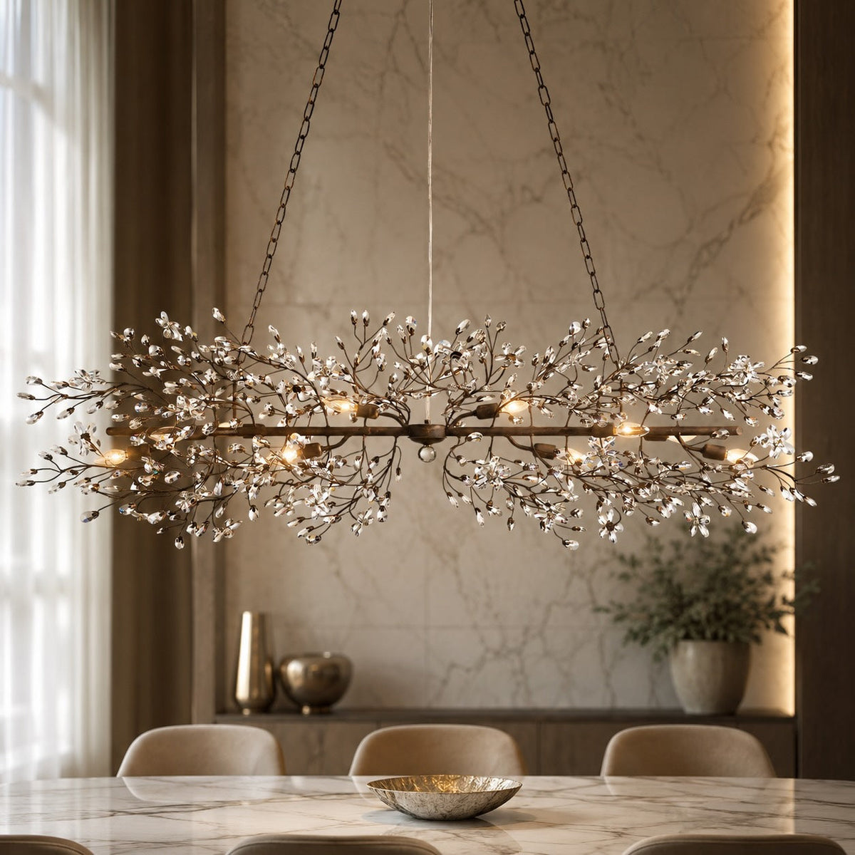 Fiore Linear Chandelier Crystal Flower Brass 8 or 10 Light