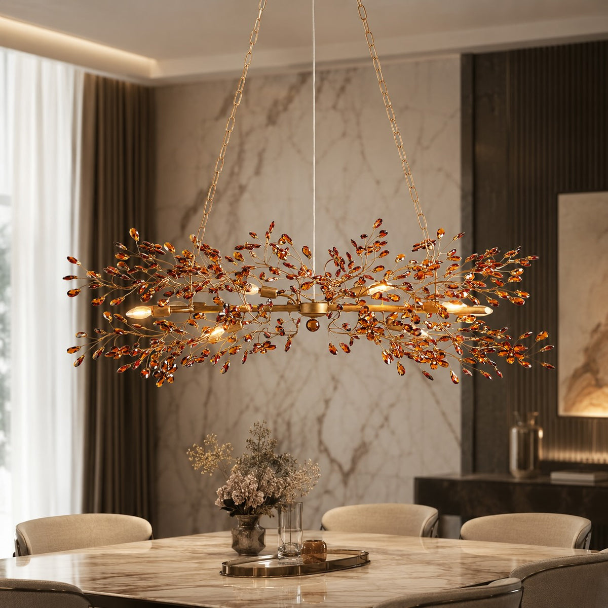Fiore Linear Chandelier Crystal Flower Brass 8 or 10 Light