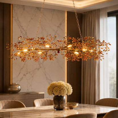 Fiore Linear Chandelier Crystal Flower Brass 8 or 10 Light