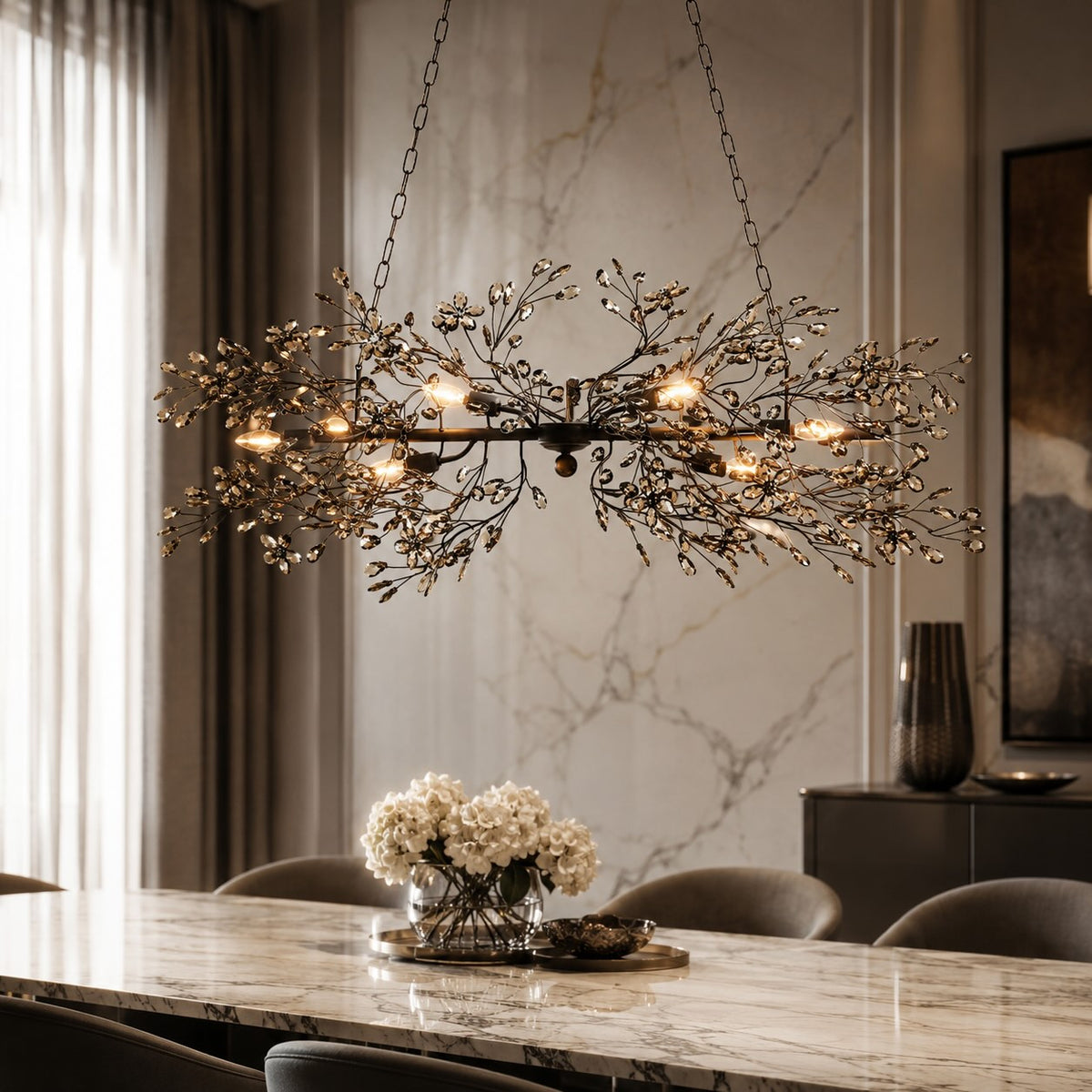 Fiore Linear Chandelier Crystal Flower Brass 8 or 10 Light